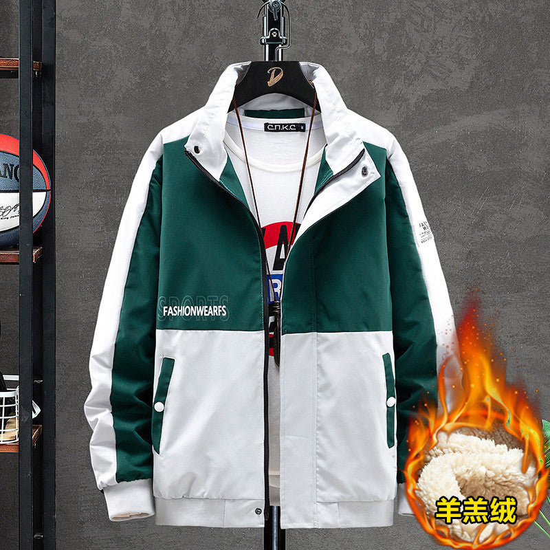 Men's winter casual color block fleece-lined stand collar jacket coat winter long sleeve cardigan zipper lamb 1915