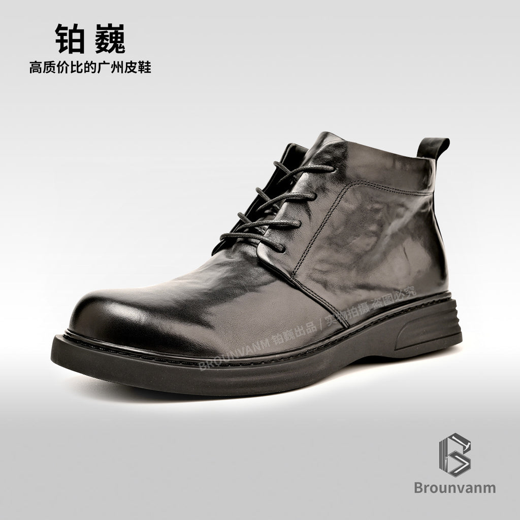 Platinum Wei Men's Martin Boots Autumn and Winter Genuine Leather Flat Mid-top Casual Boots Round Toe Lace-up Fashionable Soft Bottom Ankle Boots