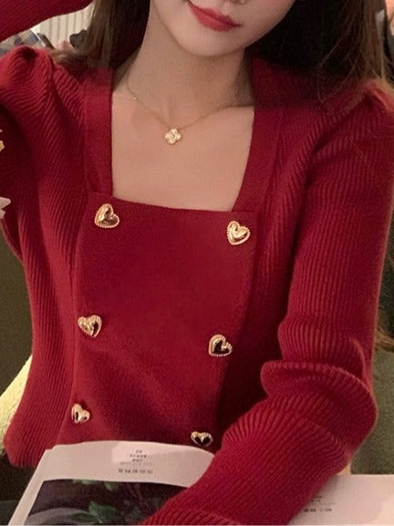 Design red bottoming sweater undershirt for women 2023 early spring new top square collar sweater slimming