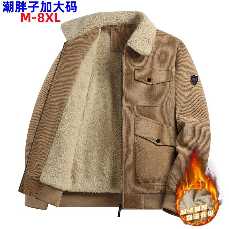 Winter Plus Size Men's New Corduroy Lambskin Cotton-padded Coat Warm Overalls Lapel Cotton-padded Coat Young and Middle-aged Jacket