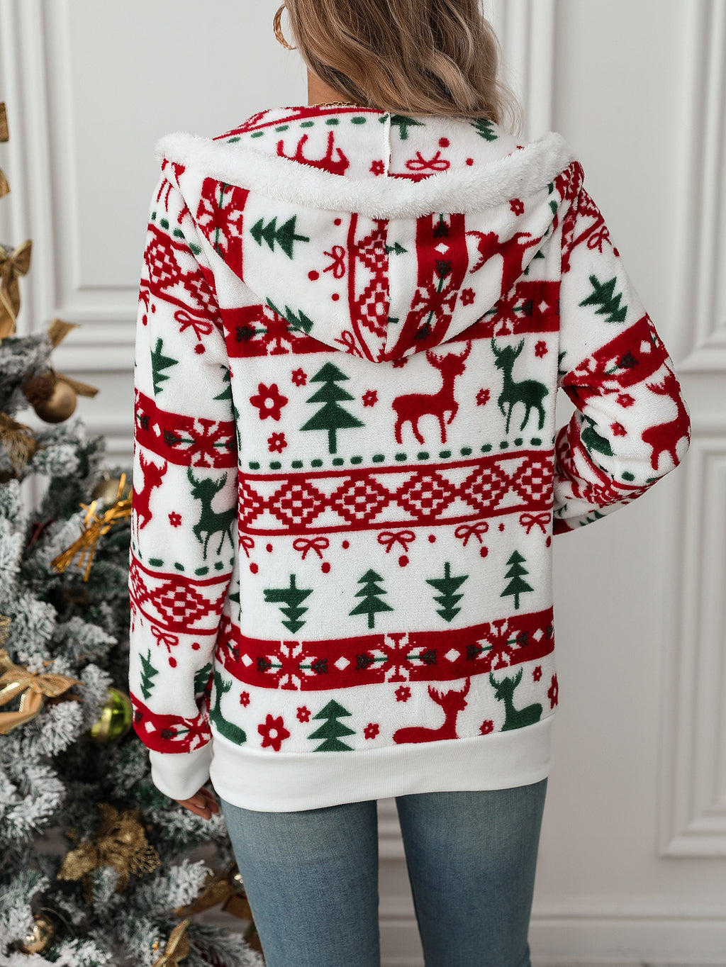 Flash velvet 2023 cross-border autumn and winter new European and American women's Amazon long sleeve cardigan Christmas printed plush coat