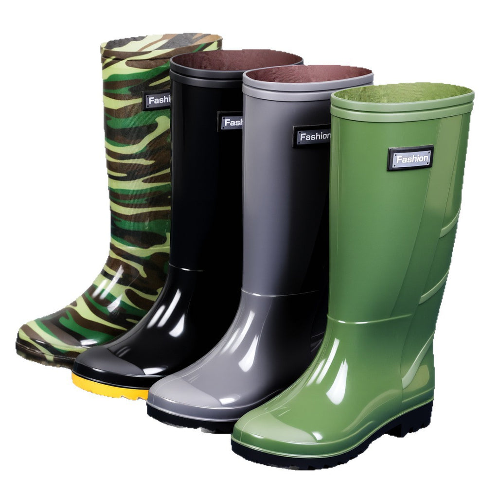 Men's Gray Plain Rain Boots, Labor Protection Boots, High Rain Boots, Protective Long-Tube Men's Water Shoes, Outdoor Camouflage Water Boots, Rubber Boots