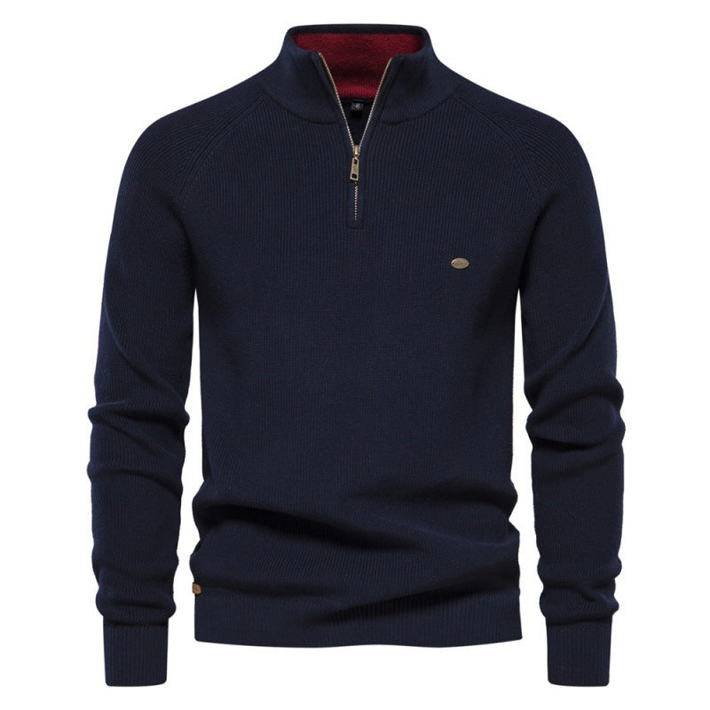 New Men's Long-Sleeve Autumn and Winter Versatile Stand Collar Casual Solid Color Sweater Half-Open Men's In-Stock Wholesale