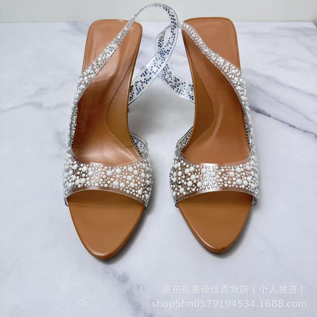 ZA new women's shoes high heels PVC transparent Pearl Diamond decorative West high heel open toe fashion high heel sandals for women