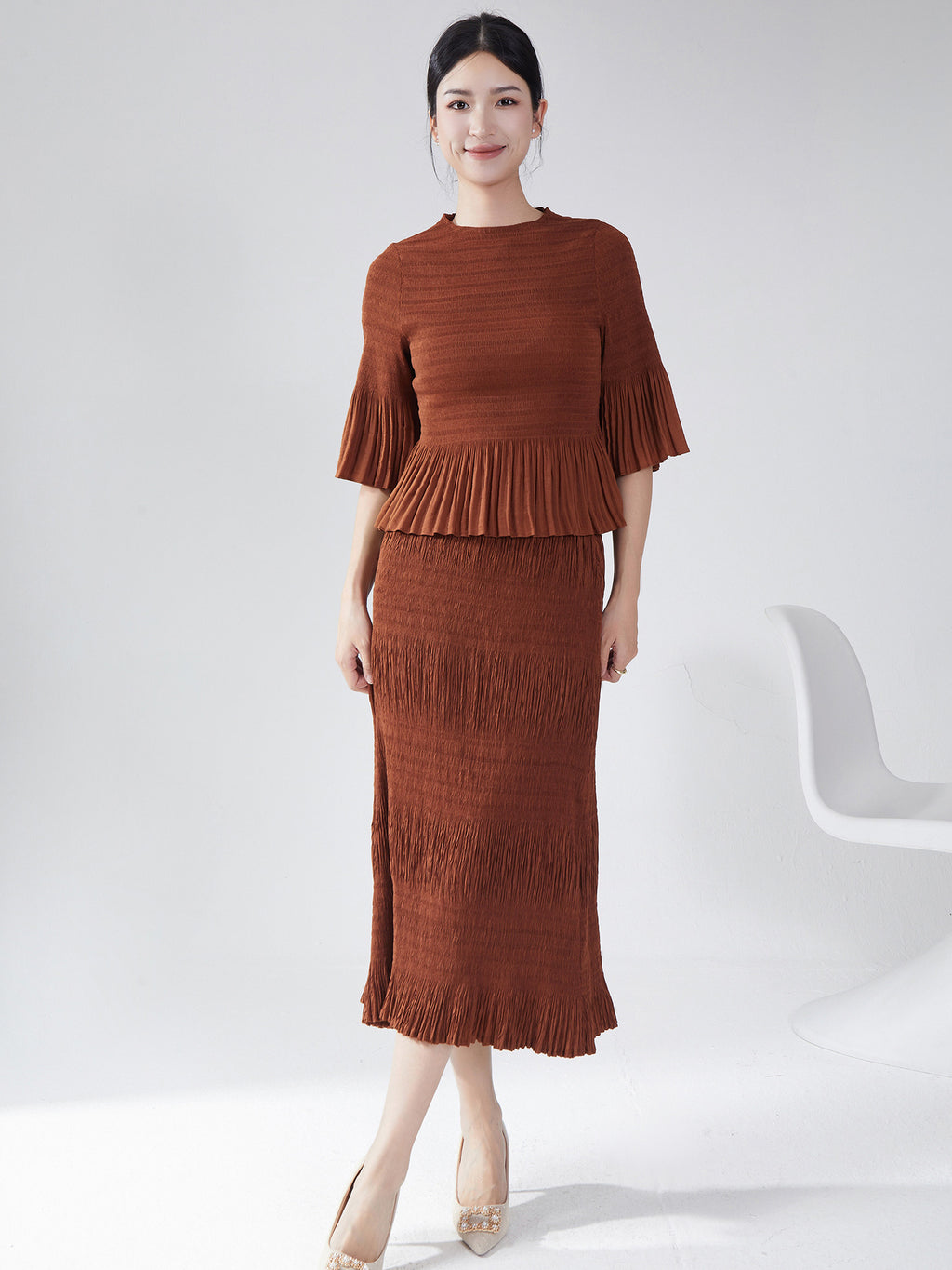 Miyake Women's Autumn New suit Two-piece Elegant Slim-fit Base T-shirt Top All-match Hip Skirt