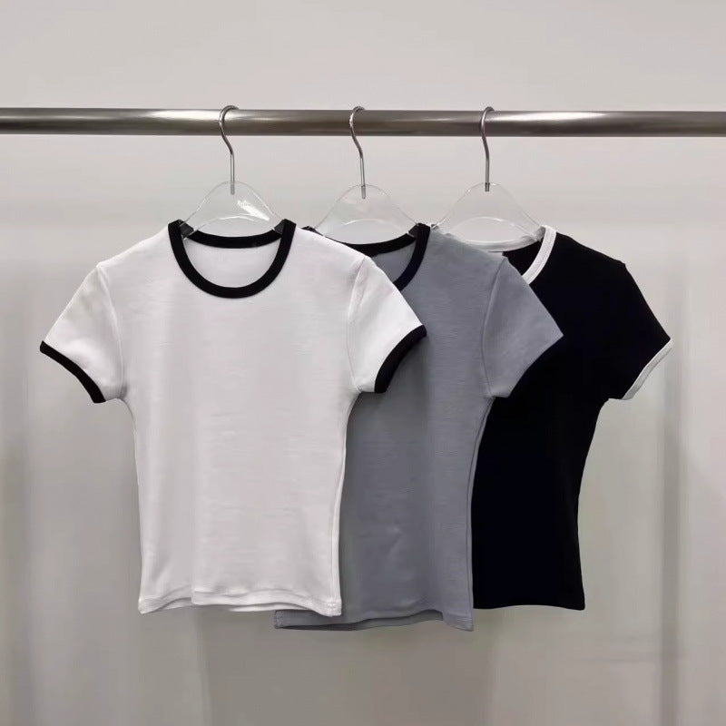 Women's Clothing Slim Round Neck Pullover Slim Fit Hemming Slim Short-Sleeved T-Shirt for Women