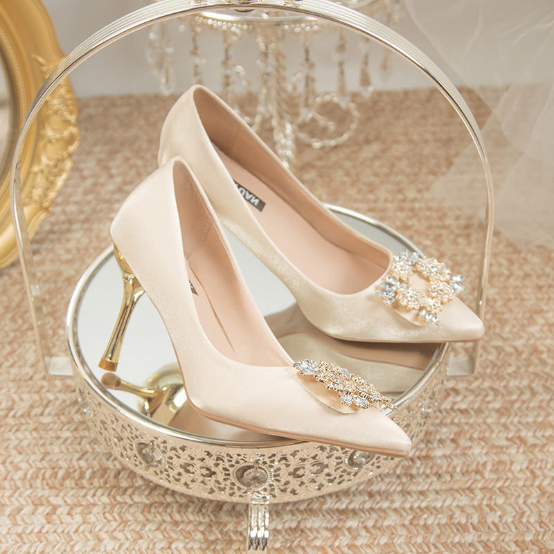 Main Wedding Dress, Wedding Shoes, French-Style High-End Niche Bridal Shoes, Xiuhe High Heels, Stiletto Heels, Champagne Color, Commuting