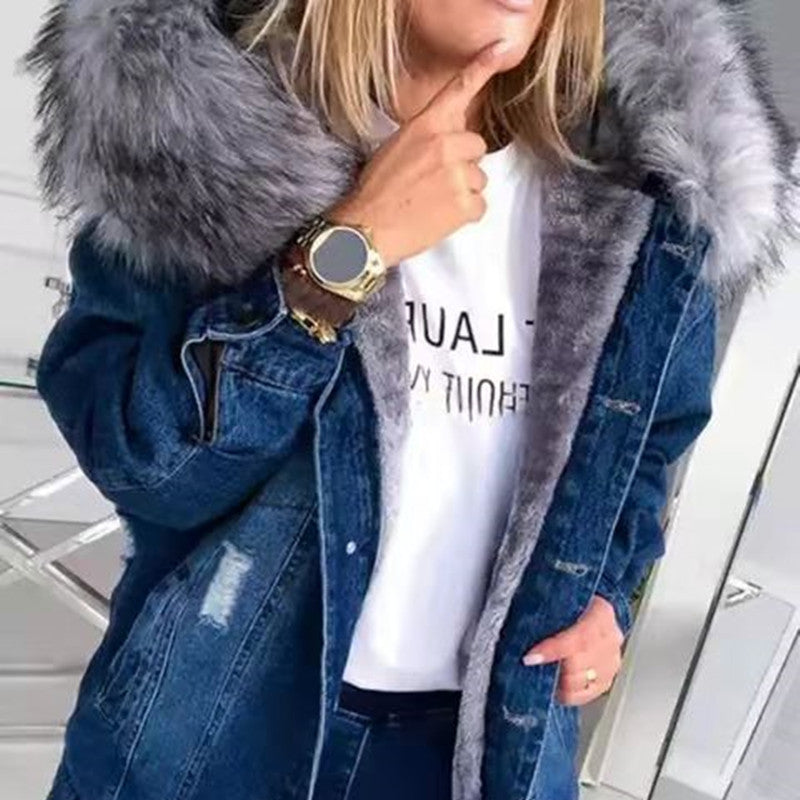 Women Winter Big Size Denim Jacket Ladies Warmth Jeans Coat
