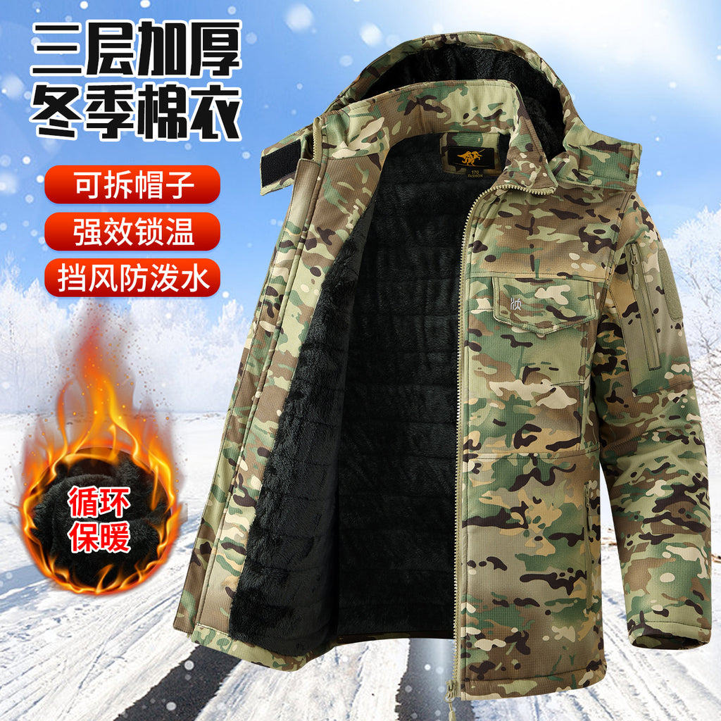 Winter Mid-Length Cotton Work Clothes for Men, Velvet Thickeneded Cotton Jackets, Cold-Proof, Windproof and Warm Camouflage Work Clothes, Military Coats