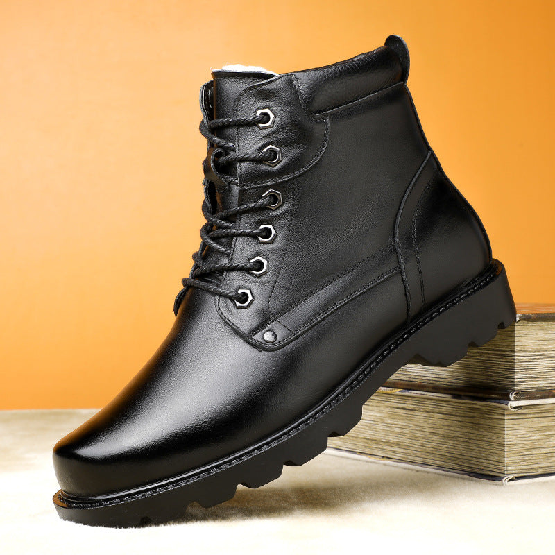 2024 Winter New Men's Leather Boots fleece-lined Warm High-top Men's Shoes Cowhide Snow Boots Northeast Cotton Boots Soft Bottom