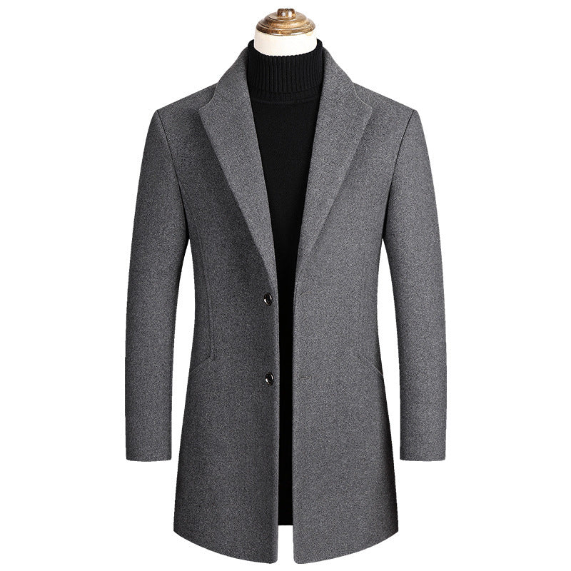 2025 Autumn and Winter Men's Mid-Length Pure Color Woolen Windbreaker European and American Casual Large Size Woolen Jacket Fashionable Men's Clothing