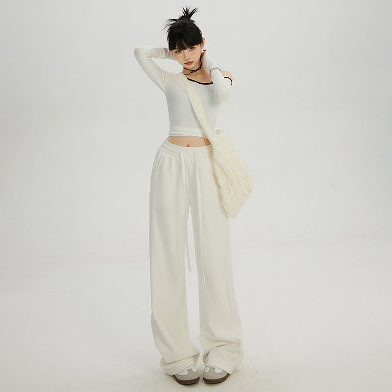 White Wide-Leg Pants for Women, 2025 Autumn and Winter New Style, Fleece-Lined, Thickened, Straight-Leg, Loose, High-Waisted, Slimming, Sporty Casual Pants