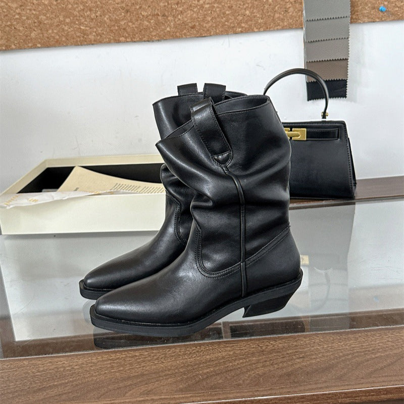 Wide-Leg Boots for Plus-Size Women with Thick Calves, Black Ruched Slouch Boots, Soft Leather Boots, Western Cowboy Riding Boots for Autumn