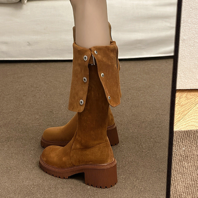 Foldable Over-The-Knee Stretch Boots for Women, New Korean Style Suede Fashionable Elegant Riding Boots with Thick Heels, Fashion Boots Wholesale