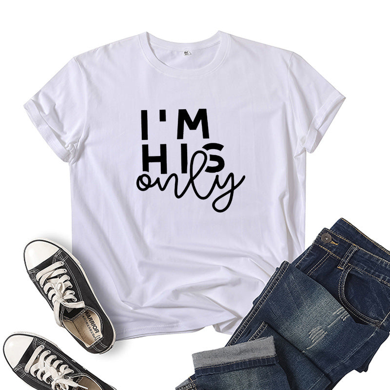 in stock Foreign Trade Cross-border I 'M HER ONE Couple Valentine's Day Printed Short-sleeved Crewneck T-shirt European and American Men and Women