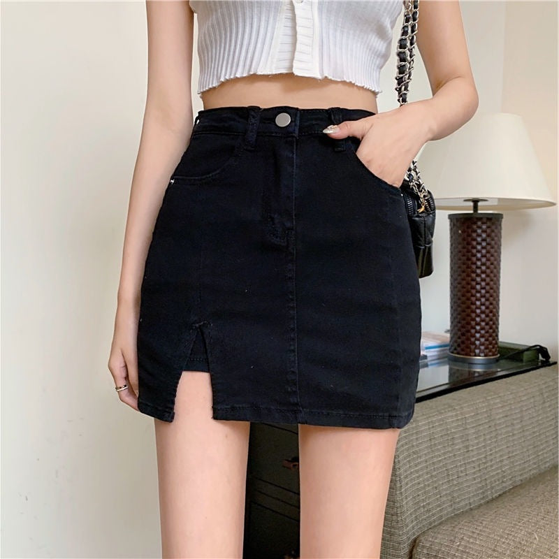 American Hot Girl Summer New Korean Style Slimming Look A-Line Skirt Trendy Anti-Exposure Slit Black Denim Skirt for Women