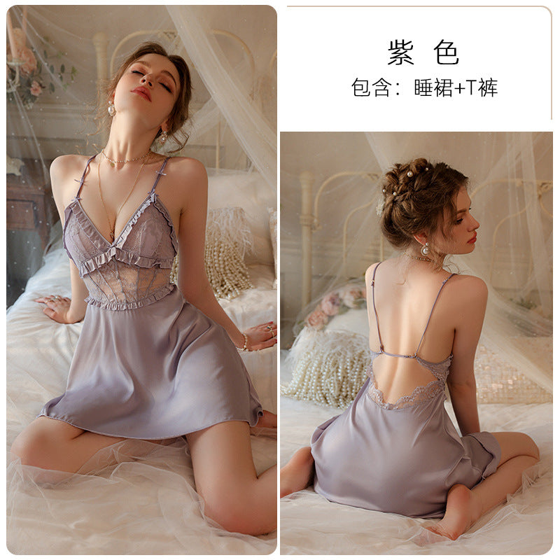 Meishilan Sexy Pajamas Women's Pure Desire Belt Chest Pad Sling Nightgown Summer Ice Silk Spring and Autumn 256