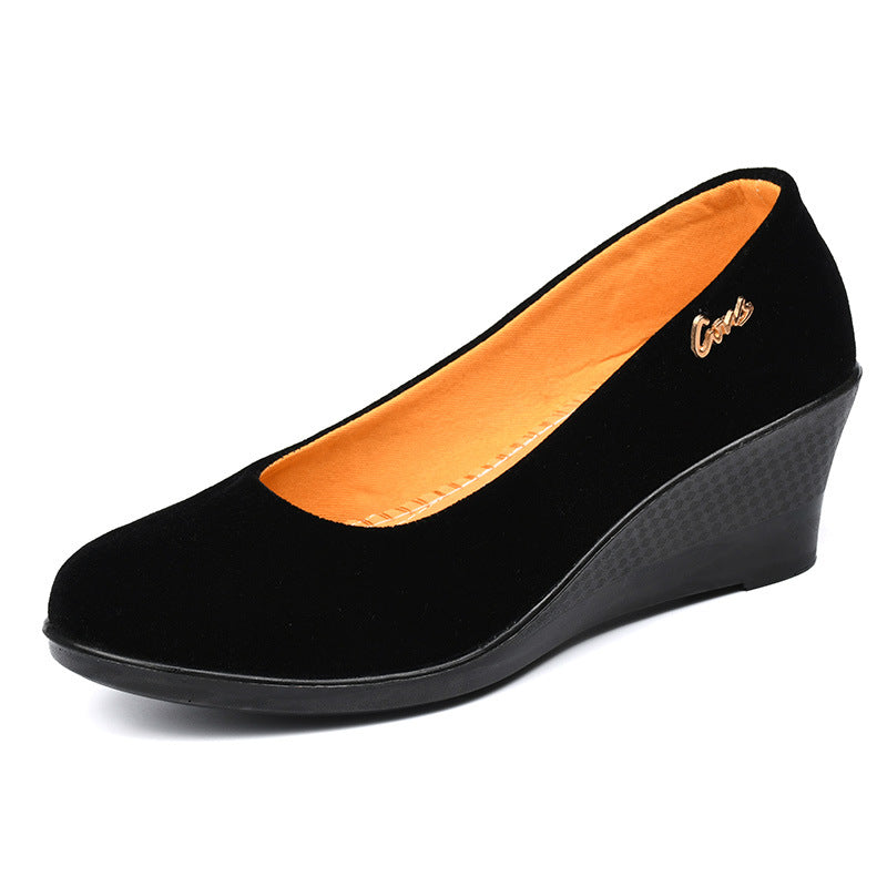 Black Polyurethane Mom Shoes with Thick Soles and Wedge Heels, Women's Ceremonial Shoes, Ladies' Hotel Work Shoes, Traditional Beijing Cloth Shoes for Women