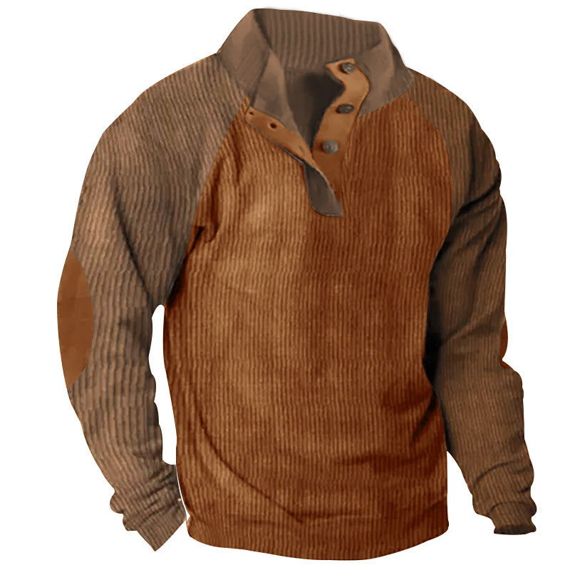 2025 Cross-Border Men's Casual Stand Collar Sports Sweatshirt Amazon Autumn and Winter Contrast Color Corduroy Slim Raglan Sweatshirt