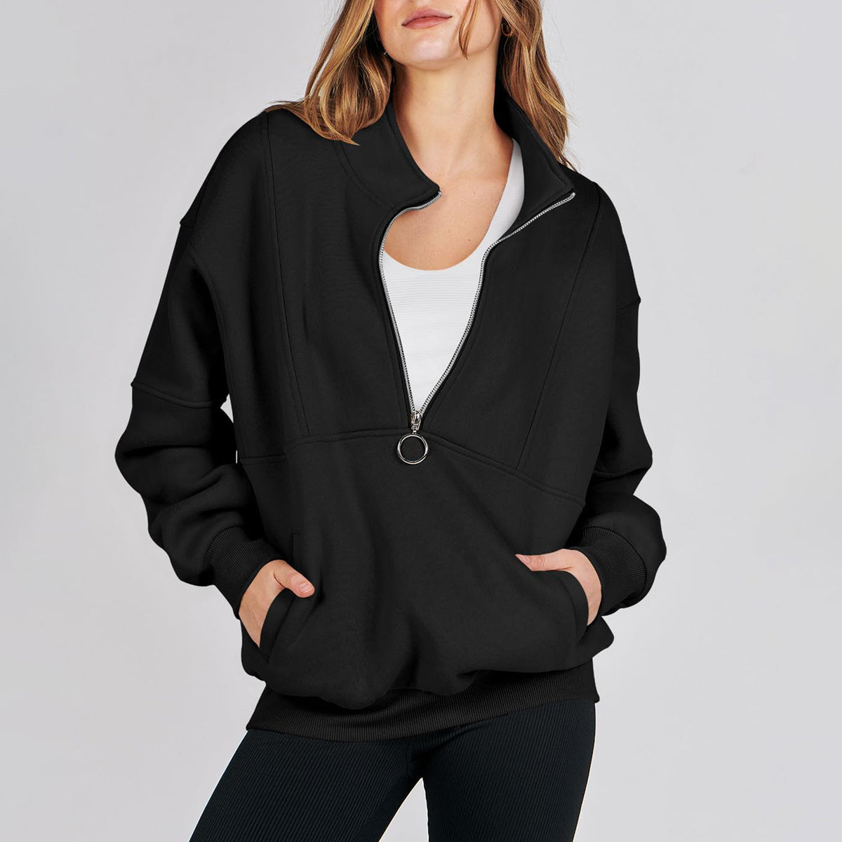 Cross-border 2023 new half-zipper sports sweater women wish Amazon loose pullover long sleeve solid color top women