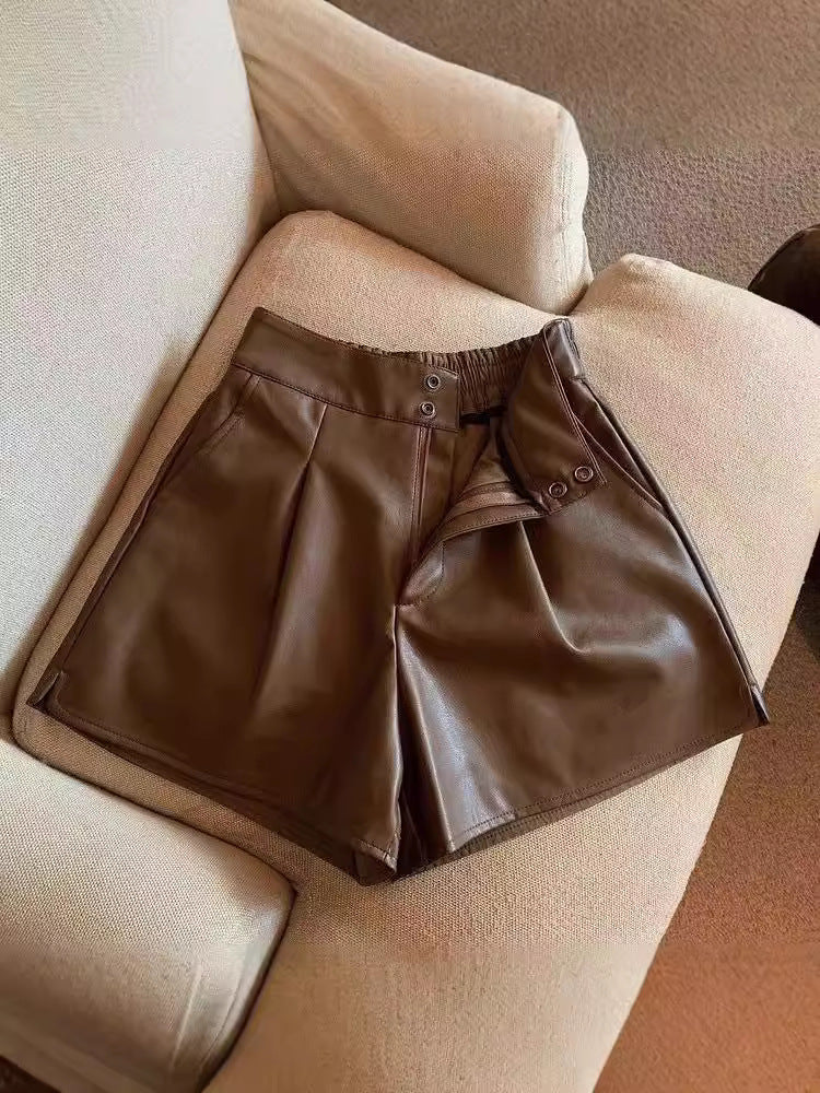 Leather Shorts Women's Autumn and Winter Outer Wear 2024 New High Waist Leather Pants plus size Wide Leg Slim Loose Base Boots Pants