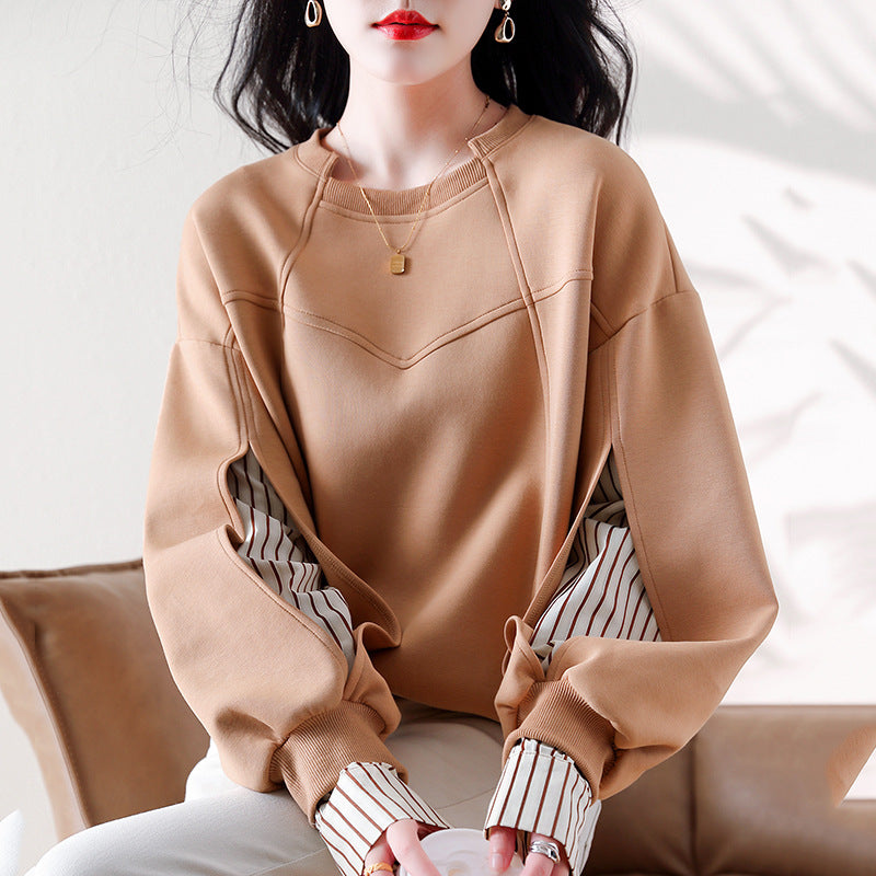 Real shot new ribbed neckline striped stitching top design sense irregular dividing line women's sweater