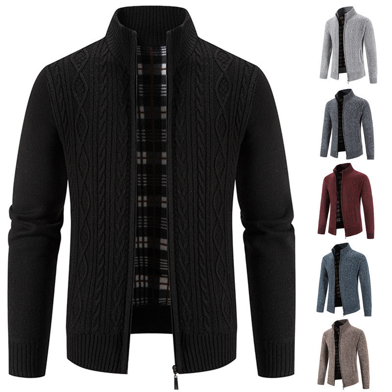 2024 new autumn and winter men's plus velvet sweater cardigan large size foreign trade stand collar fashion jacket coat men's sweater