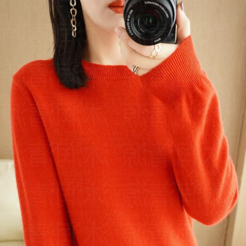 Autumn and Winter New Round Neck Sweater Women's Pullover Sweater Solid Color Long Sleeve Women's Thin Inner Short Base Shirt for Women