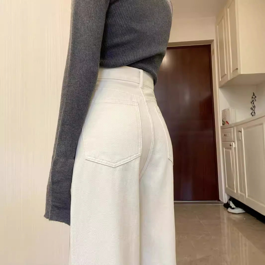 White Wide-Leg Jeans for Women Spring & Fall 2024 New High-Waisted Pear-Shaped Body Slimming Look Straight-Leg Loose Floor-Length Pants