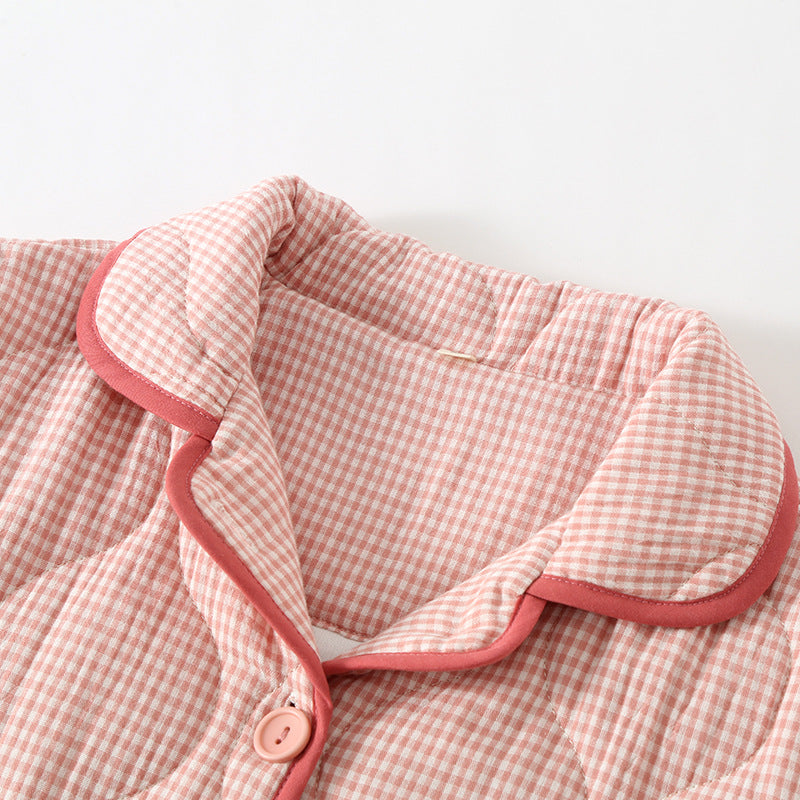 Autumn and Winter new Japanese style simple plaid double-layer gauze quilted men and women couple pajamas home thickened cotton-padded jacket suit