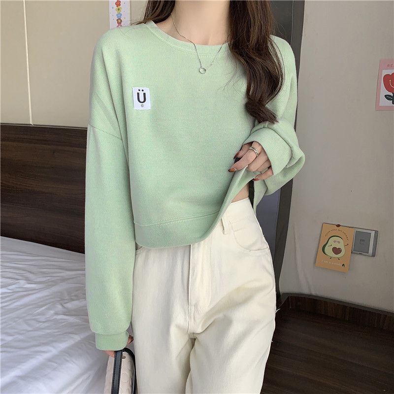 Short Sweatshirt for Women, Spring and Autumn Thin Style, 2025 New Korean Version, Loose Fit, Versatile for Students, Hong Kong Style Chic, Hoodless Top