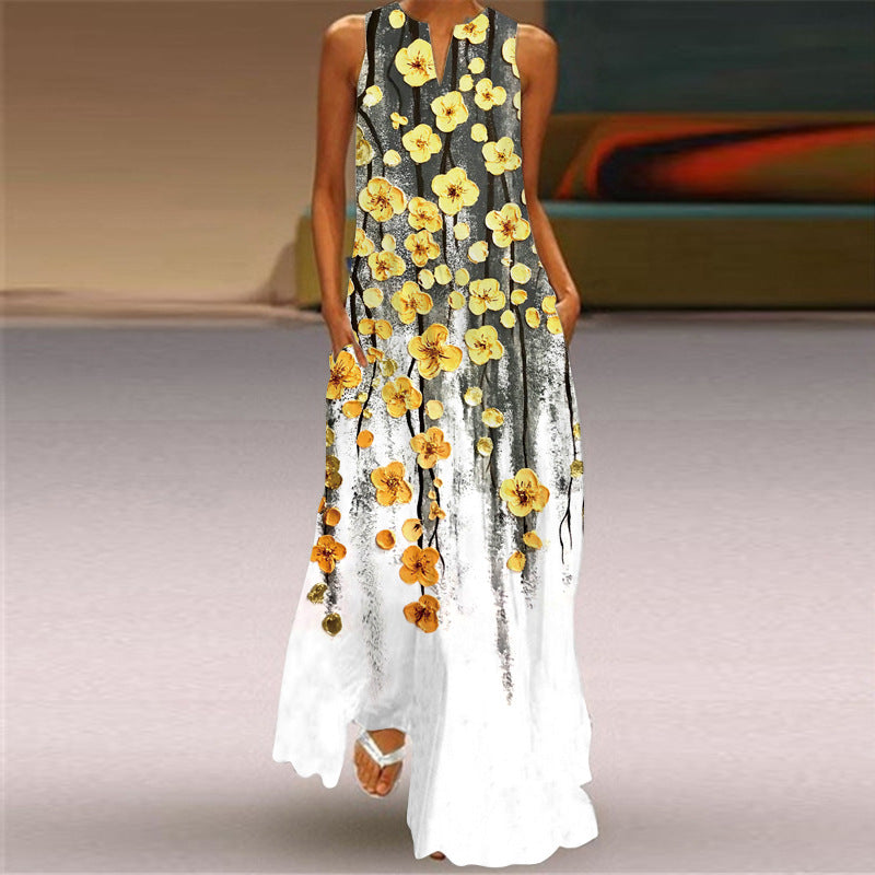 Summer Independent Brand New European and American Retro Print Long Dress V-Neck Multi-Color Long Sexy Sleeveless Dress