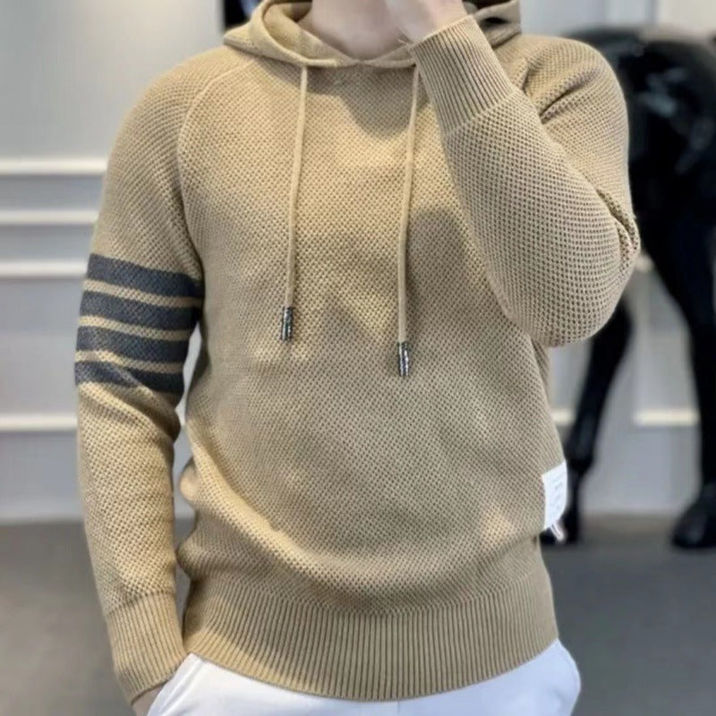 Autumn and Winter Long-Sleeved Contrast Stripesd Hooded Knitwear for Men New Men's Handsome Sweatshirt Trendyy Knitted Knitwear for Men