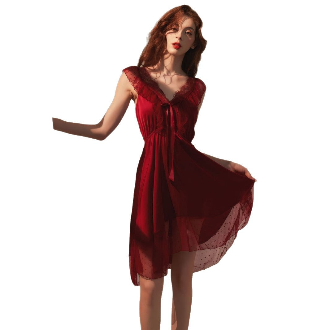 Purely Sensual Silky Slip Nightgown with Sexy Backless Lace Bow, Polka Dot Sleep Dress with a High-End Feel, Loungewear