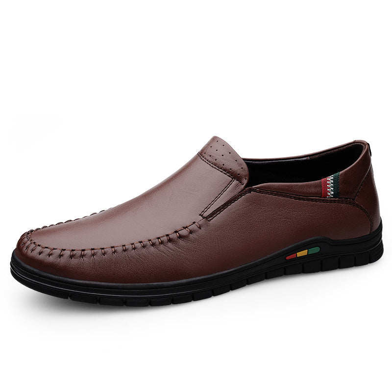 2025 Autumn Men's Slip-On Business Loafers Toe Layer Cowhide Soft Leather Plaid Work Black Leather Shoes