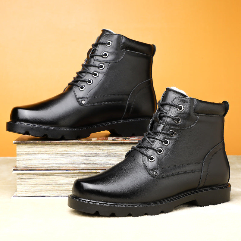 2024 Winter New Men's Leather Boots fleece-lined Warm High-top Men's Shoes Cowhide Snow Boots Northeast Cotton Boots Soft Bottom