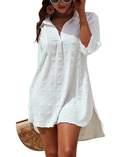 2024 Jacquard Loose Casual Blouse with Irregular Mid-Length Sleeves Women's V-Neck Loose Fit Shirt