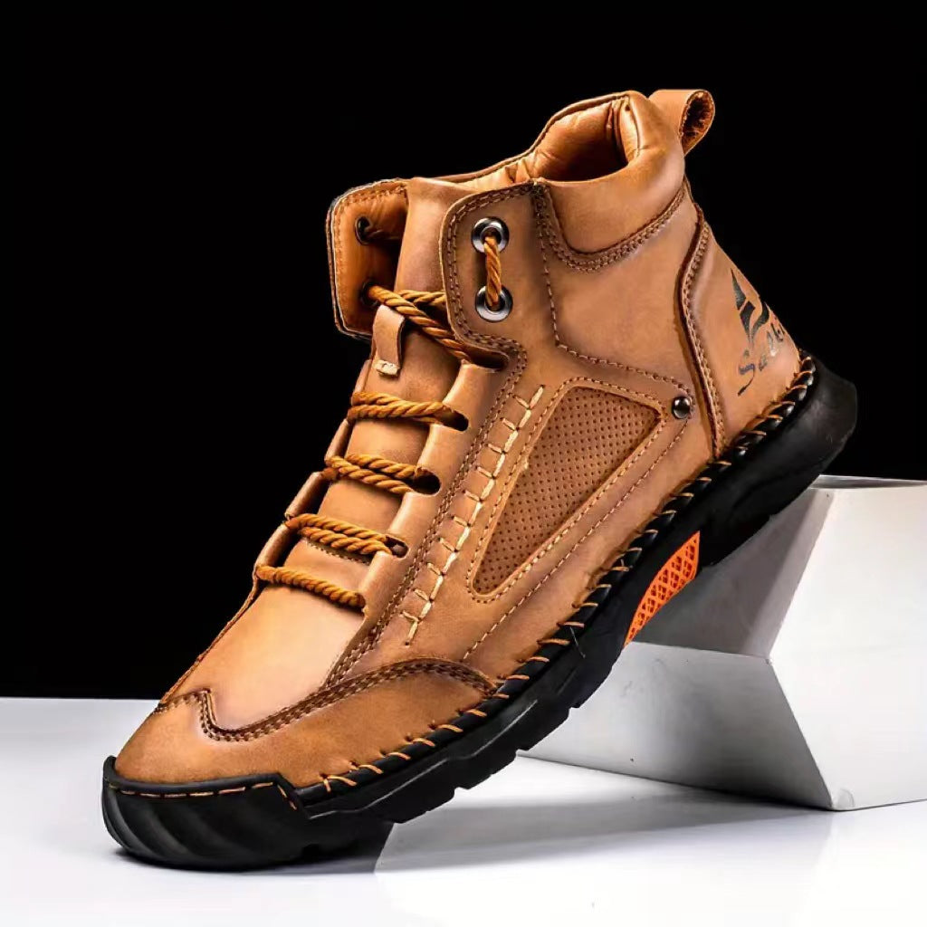 Cross-Border Plus-Size Men's Pu Leather Boots, Men's Fashion Handmade Stitched Ankle Boots, Flat Lace-Up Casual Shoes