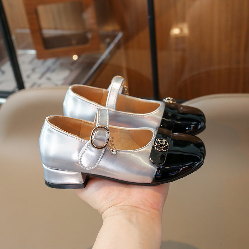 Korean version of thick heel high heels with girls small leather shoes spring and autumn new children's princess shoes fashion children's shoes wholesale