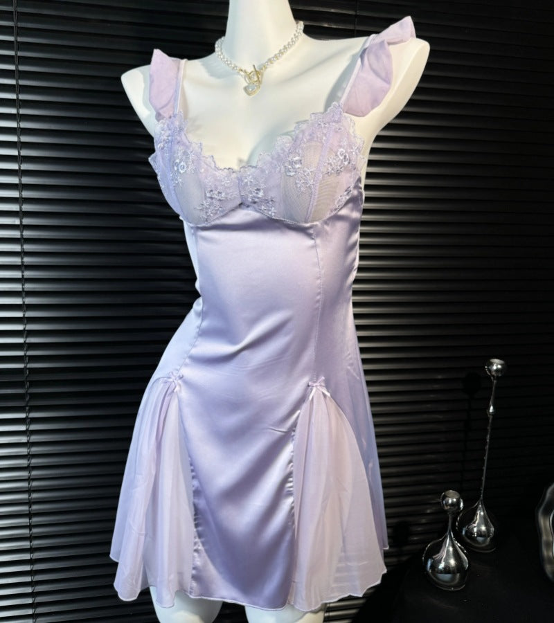 Sexy Women's Nightgown with Straps and Chest Pads, New Lace Summer Ice Silk Nightdress, Home Wear Set with a High-End Feel