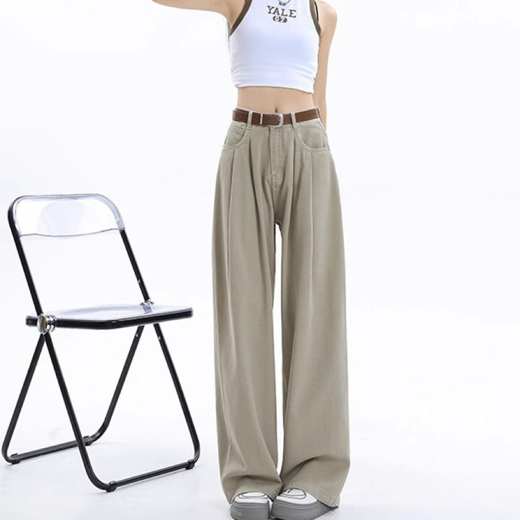 White Wide-Leg Jeans for Women, Summer Thin Fashion Slimming Loose Casual Pleated Drape Versatile Floor-Length Pants