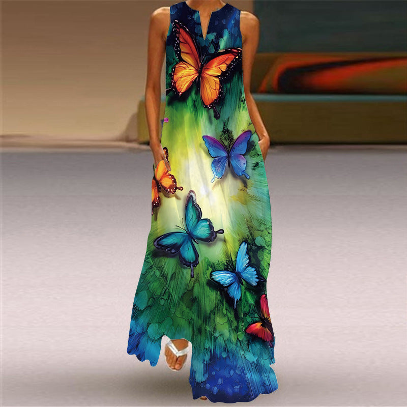 Summer Independent Brand New European and American Retro Print Long Dress V-Neck Multi-Color Long Sexy Sleeveless Dress