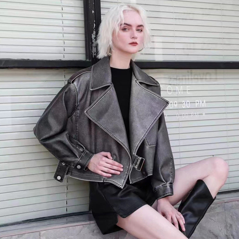 Vintage Leather Jacket Women's Short Korean Loose Motorcycle Leather Jacket New Fashion Hong Kong Style Old Puleather Jacket