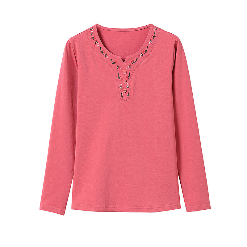 Embroidered Long-Sleeved T-Shirt for Women 2024 Autumn New Style Bottoming Shirt for Middle-Aged and Elderly Mothers Wholesale Plus Size Tops for Delivery