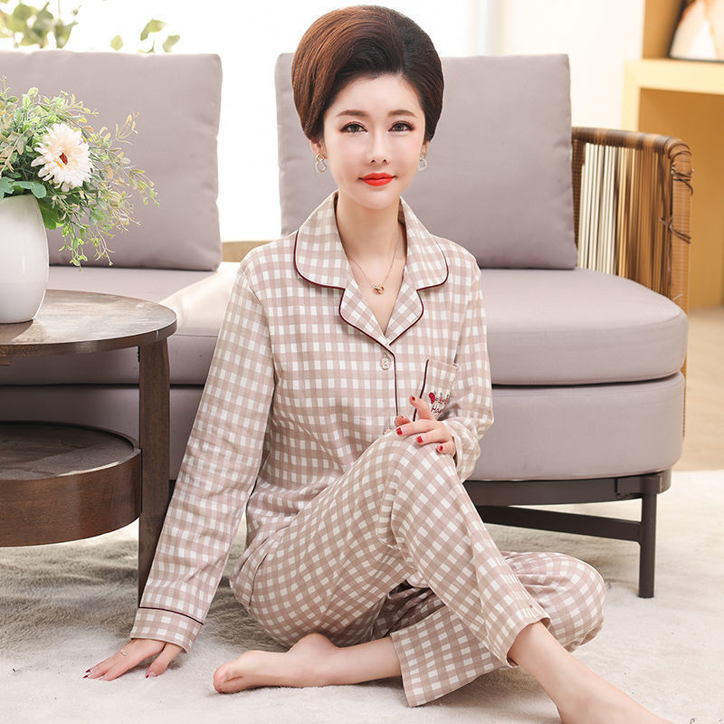Middle-aged women's 100 cotton pajamas women's summer long-sleeved pajamas middle-aged and elderly mother's home clothes thin suit