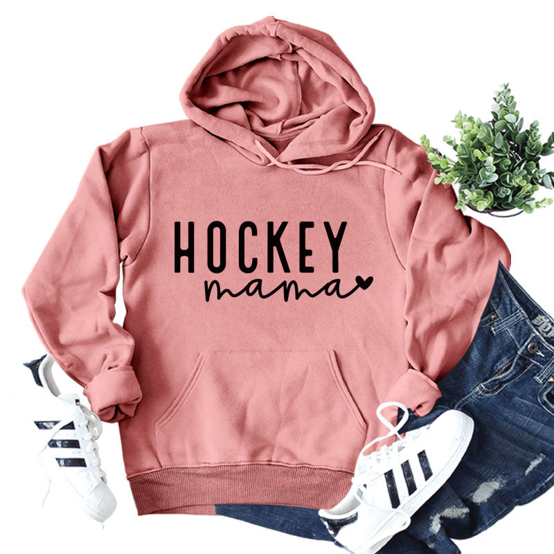 Cross-border autumn and winter European and American women's top hoodie Hockey mama pattern letter printed casual hooded sweater