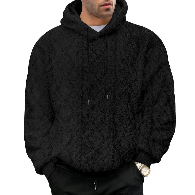 Cross-Border American Style Autumn and Winter Sweatshirt for Men, Casual High Street Jacquard Diamond Double-Sided Fleece Loose Pullover Hooded Sweatshirt for Men