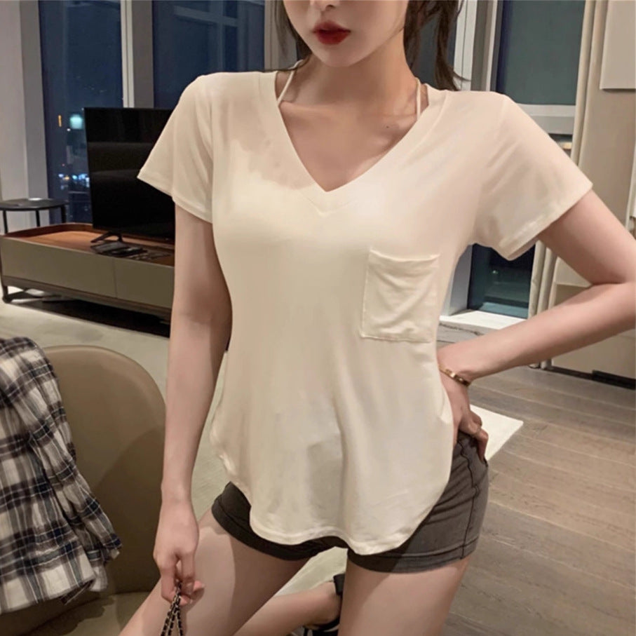 T-Shirt for Women 2025 Summer New V-Neck Short-Sleeved Design Pocket Inner Layering Shirt Asymmetrical Sexy Pure Lust Style