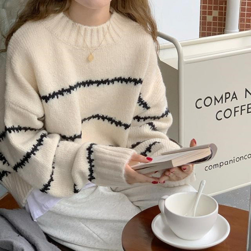 Vintage Japanese-Style Lazy Loose Sweater for Women, Thickened Autumn and Winter New Long-Sleeve Striped Half-High Collar Knitwear