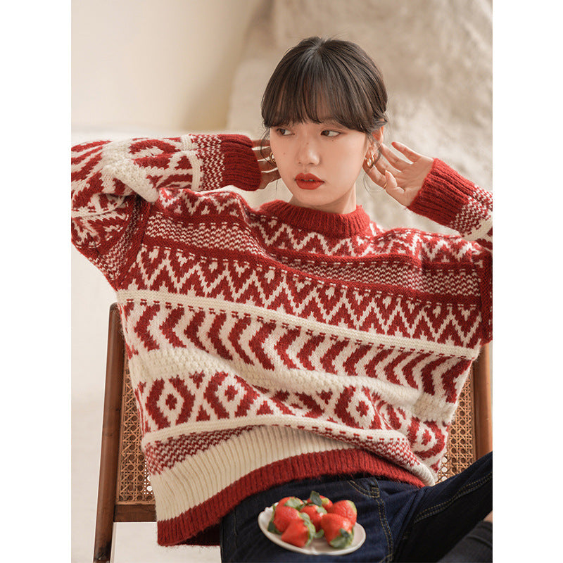 Vintage Red New Year Sweater Women's Winter Thickened Lazy Fell Island Contrast Color Knitted Sweater Design Sense Loose Outer Wear